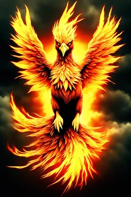 Create a ultra high definition and photorealistic image, 12k quality of a beautiful phoenix, majestic and strength showing, emphasis on texturized claws, upclose with a front view flying towards the camera, centre of an explosive and chaotic background scene of Armageddon where he is followed by demon like dark clouds in persuit trying to grab him, phoenix has striking eyes and determined look, majestic wings folded inwards in flight, bright auburn, black, white, grey and yellow colours, gothic