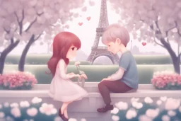 cute chibi mahogany haired girl with a short, silver haired boy, Eiffel tower, heart and love, flowers in Paris, ethereal, cinematic postprocessing, bokeh, dof