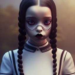 jenna ortega, wednesday addams hair style, wednesday make up, wednesday addams black dress, cinematic, addams family wednesday style, hyper detail, octane render, unreal engine 5, 8k resolation