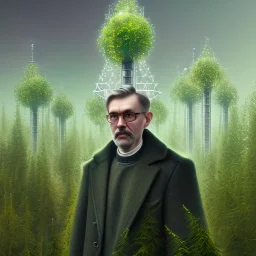 portrait of holy scientist in coat ,cell towers overgrown with trees and vegetation, spray paint art, book illustration, 4k, high detail