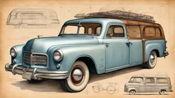 Leonardo DaVinci's art style on the theme of original 1952 GMC Suburban CaryAll and parts on the style of Technical drawing and isometric views, colors only available during the Renaissance era, golden ratio,6000,Magical Fantasy style, pencil drawing