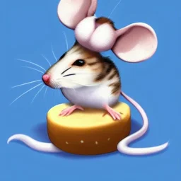 A small flurry mouse, sitting on the head of a cat, the mouse is eating cheese, artstation