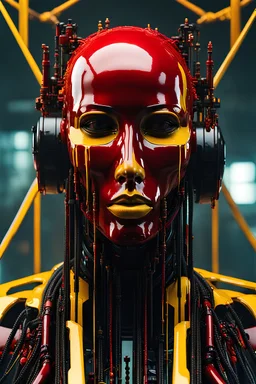 A (((black cyberpunk dripping skull)), human machine hybrid, covered in red and yellow oil paint,(((futuristic sci-fi art))), maya, (((art by Daniel Hahn andJavier Antunez)))3D digital portrait, cgsociety,artstation, pinterest, industrialpost punk aesthetic glitch punk, grunge core, kinetic 3d sculpture art, futuristic, CGI, dark minimalism, visually captivating, conceptual,offset noise,