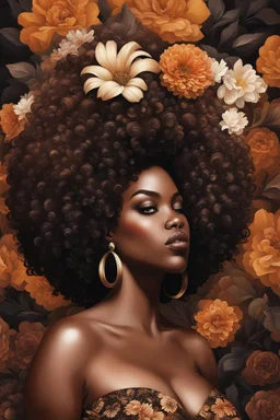 Create a aexpressionism art image of a curvy black female wearing a brown off the shoulder blouse, and she is looking down with Prominent makeup. Highly detailed tightly curly black afro. Background of large brown and black flowers surrounding her