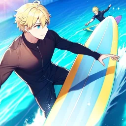 anime blonde boy on a surfboard, riding the perfect wave