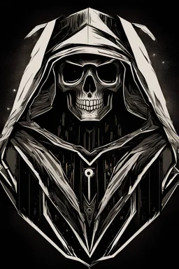 vinyl art toy skull head robot in a black hooded cloak drawn in a retro mascot style, inside a light diamond shape on a black background, monochromatic