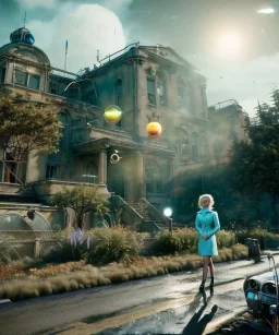 Ultra Realistic retro sci-fi 1960 scene, waist up view portrait, blonde woman, sweet young Marilyn Monroe face, perfect iris, tight latex coat, alien planet background, tight style, steel sphere dron levitating, fog, rain, soft color, highly detailed, unreal engine 5, ray tracing, RTX, lumen lighting, ultra detail, volumetric lighting, 3d, finely drawn, high definition, high resolution.