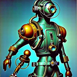 90's retro scifi art of a steampunk diver with big armor