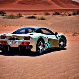 Ferrari with camouflage paint in the desert