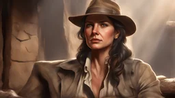 (1Marion Ravenwood) from the movie Indiana Jones, (medium full shot), (sitting:1.1), diffuse lighting, fantasy, intricate, elegant, highly detailed, lifelike, photorealistic, digital painting, artstation, complex background