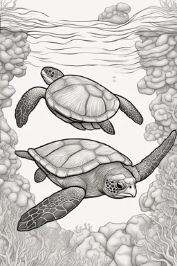 STRESS RELIEF themed coloring page for adult, cartoon style, thick outline, low details, no shading, no color, A serene underwater world with gliding sea turtles and coral