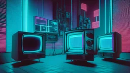 televisions as tools of mass mental surveillance darkened environs architecture accentuated with thin lines of neon light, black light blockbuster scifi film still circa 1959