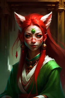 It's a girl in her 20s. She is one of the guards of the sacred temple. She has ears and a tail like a red panda, but only as a ghost. Where the eyes are, there's an arnament of red colors painted on it. Her eyes are green and her hair color is dark red and the strands in her hair are black and white. On the ears are earrings in the shape of a green lotus, and on the end of them hangs a red ball. There are also arnamentations of autumn leaves on her skin. Her clothes are like a Chinese dress. But