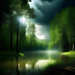 in the magic forest is storm, small lake is in the middle with light