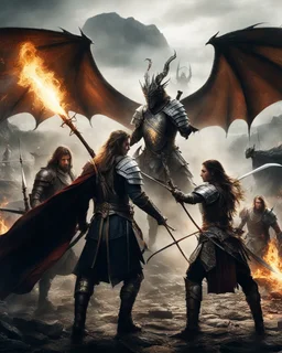 Realistic Photography A dramatic and intense scene featuring several characters, in medieval setting. One character on the left is holding a sword, wearing armor and has long hair. Another character in the middle is wielding a bow and arrow, ready to shoot. On the right, there's another character holding up a torch with one hand and wielding a sword with the other. There are dragons flying in the sky amidst clouds and sunlight breaking through them, adding an epic feel to the scene. A castle