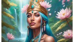 Photo realistic portrait of a gorgeous smiling skinny native indian goddess with a golden dark shining skin, long smooth clear turquoise blue and pink white hair, blue eyes, in a sci-fi outfit with luminous strikes blowing a kiss in a hill of flowers with sakura trees, a waterfall, a crystal palace, loads of mini flowers, moss, sun rays through the branches, particles in the air at spring. Intricated details,