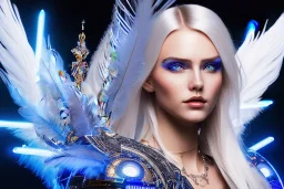 A beautiful portrait of a cute smiling cyberpunk woman with wings, long blond platinum hair, luminous blue eyes, high key lighting, volumetric light high details with blue and white stripes and feathers and white luminous celtic paterns, beam starry background