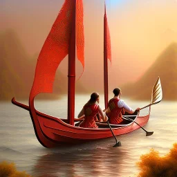 upper bodies of priest & priestess in rowing boat, church half burried in red sand, fantasy art, sharp sunlight, spring