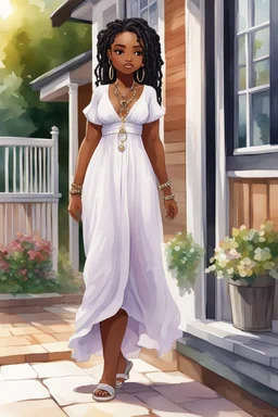 Create an watercolor image of a curvy chibi black female wearing a white maxi sundress with black sandals. Her hair is highly detailed with black long locs in a messy bun. Prominent make up with brown eyes. She is wearing diamond hoop earring and jewelry. She is standing on the front porch of her house.