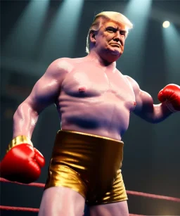 Realistic image, Donald trump wrestling, fighter, naked torso, color breeches, suspenders, retro style, 80s, hot ambient, photo studio, red, gold, explosion, vibrant color, gradient, highly detailed, art stations, explosions, concept art, smooth, unreal engine 5, god rays, ray tracing, RTX, lumen lighting, ultra detail, volumetric lighting, 3d, finely drawn, high definition, high resolution.