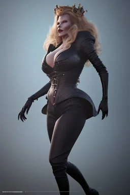 Kim Basinger as evil queen in black leather, busty, cleavage, curvy, angry, happy, stern look. character design by cory loftis, fenghua zhong, ryohei hase, ismail inceoglu and ruan jia. unreal engine 5, artistic lighting, highly detailed, photorealistic, fantasy