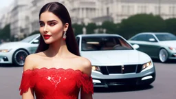 full body shot of young, beautiful Ozbek brunette with a perfect happy face with make up, wearing red lace off shoulder dress, over a luxury roof less car in amodern city street.