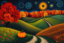 Autumn hills, painting, Gustav Klimt style, one pumpkin, fall, Van Gogh, whimsical, swirls, night, maple trees, red barn, dark, forrest, red, orange, corn field, the , colorful, dreamy, New England, old path,