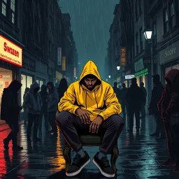 Aerial View Of A Dark Broad Street In Which Dark Silhouette Of People Talking Surrounding A Well-Built Man (Age 24, his face should be covered and he should be looking down) Covered In A Yellow Hoodie Sitting On A Rustic Chair And Posing With Swag, All Of This In Comic Art Style (Using Colors Navy-Blue, Maroon, Orange, Neon-Green And Brown) Along With A Street Light And Heavy Rainfall Giving Overall A Dramatic & Cinematic Ambiance.