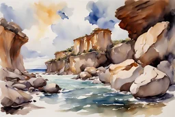 Clouds, rocks, cliffs, rocky land, sci-fi and fantasy, beyond and trascendent, 90's sci-fi movies influence, john singer sargent watercolor paintings