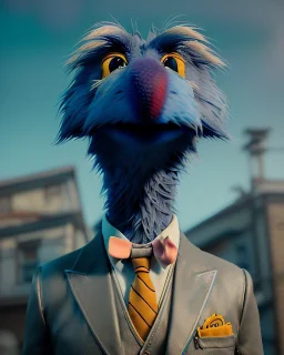 Realistic image, hybrid character, Sesame Street muppet, head, man, body, ,arms, hands, Shirt and tie, Wes Anderson style, concept art, smooth, unreal engine 5, god lights, ray tracing, RTX, lumen lighting, ultra detail, volumetric lighting, 3d, finely drawn, high definition, 4k.