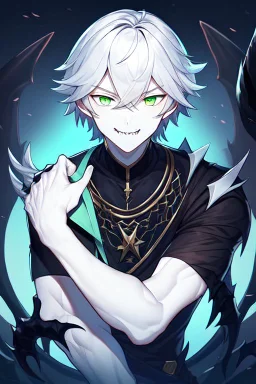 plauge doctor in balck leather clothes with silver hair, pale skin and bright green eyes smiling with sharp teeth, nice young face, male, viscious smile