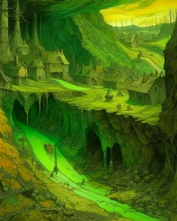 A green underground mine with a village designed in medieval tapestry painted by John Atkinson Grimshaw