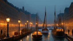 City and busy harbour with shipping moored, night, no moon, gas lamps, 1860, style John Atkinson Grimshaw, Ultra Realism, Complex Details, Intricate Details, 16k, HDR, High Quality, Trending On Artstation, Sharp Focus, Studio Photo, Intricate Details, Highly Detailed