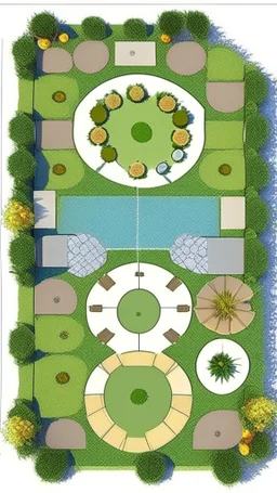 Create a floorplan for a garden of 8 wide and 6 deep. There must be a patch of grass of 2 by 4 meter and a space for a outdoor kitchen. There must be a round picknick table and two sunbeds.