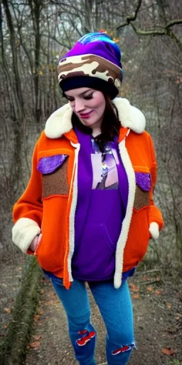 Brunette taking selfie.thick thighs,thick calves,flat belly,curvy fell. big head. Mantle is sewed of upcycled Denim and sewed together of camouflage pieces. Pieces' color are orange, cream and purple. It is with big bright purple felt tippet and redochre-colored-hood is merged with colorful beanie. Big colored headphones (gold rings!) is merged with small felt cap with small visor. Style: Haute Couture in 1950's Africa, N.Y.C fashion in 2023