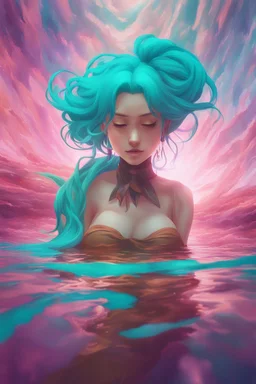 A stunning Anime girl suspended in a kaleidoscope of colors, captured in a photorealistic, cinematic photograph, as if plucked from a dream sequence. Her vibrant turquoise hair flows like a river, contrasting with the muted, earthy tones of her skin, set against a gradient of iridescent pinks and purples, evoking a sense of ethereal mysticism. Soft, cinematic film grain textures the image, infusing it with a sense of nostalgic warmth, as if lit by the flickering lights of a vintage cinema.