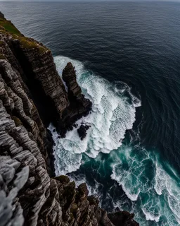 from the point of view of a rock climber, look down at the ocean rocks below as you climb high into the bluffs of ireland. holding on to the cliff face, the ocean below storms and swirls around a giant whirlpool