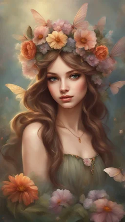 a girl with brown hair and flowers on her head, portrait of fairy princess, fairy look, big eyes, beautiful digital painting, beautiful fantasy maiden, digital painting, beautiful fantasy painting, faerie, very beautiful fantasy art, beautiful fantasy art, fairy aesthetics, beautiful fairie, beautiful fantasy art portrait, beautiful girl fairy, young girl, beautiful fairy, beautiful fantasy portrait, anime fantasy artwork