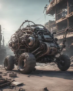 Futuristic gadget vehicle made with engine parts and wires dysoptia cyberage HAWKEN postapocalyptic dysoptia scene photorealistic uhd 8k VRAY highly detailed HDR