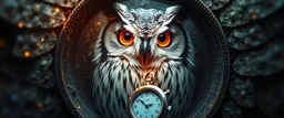 close up of owl abraxas in the fish eye web, interdimensional portal, with a pocket watch