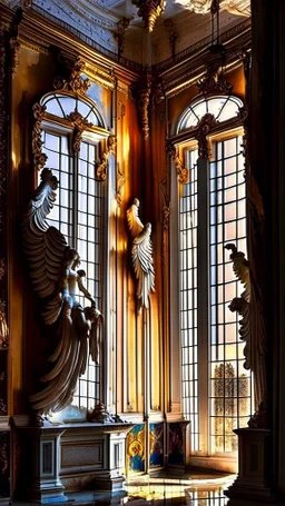 A beautiful image of the windows of the luxurious palace hall with two winged angel statues