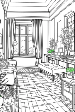 Plain floor Coloring book house interior design, no shading, no lines, cartoon style, --ar 9:11