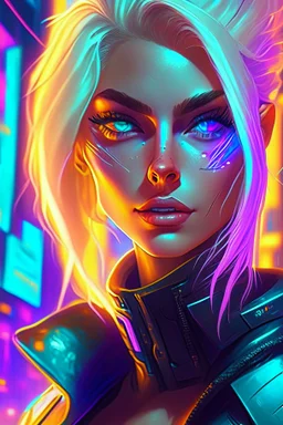 a blonde&ash haired supermodel heterochromia eyes, in a futuristic scifi city, high fashion, Neon lighting, cyberpunk, Highly detailed, Digital painting, Artstation, Sharp focus, art by loish and artgerm and greg ruthkowski and chris ryniak and simon stalenhag.