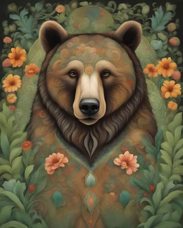Captivating, vibrant painting of majestic bear, adorned with intricate motifs mixed with its fur. The coat is a fascinating combination of dark and light tones, with swirling patterns and lush floral motifs. Expressive eyes reveal the depth of your character and soul. Lush and green environment, surrounded by plants and flowers. The colors are a harmonious mix of earthy tones, with touches of orange, blue and white, creating a deep connection with nature