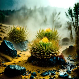 A striking quality photograph captures a wasteland with liquid and group of monstrous plants, creepy, details of the dust very accentuated, glossy organic mass, adorned with minerals and rocks. Bathed in intense light, eerie, odd style, Amano, Audubon, yellow sun, fluids, fog, bkue eyes, paranoic, obsessive, blurred, volumetric light