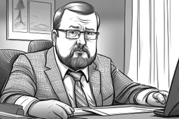 big russian man sitting at desk, portrait, speech, TV address, nametag, glasses, neck beard, short hair, mustache, suit, no tie; caricature style, sketch art; black and white; grayscale, pencil drawing