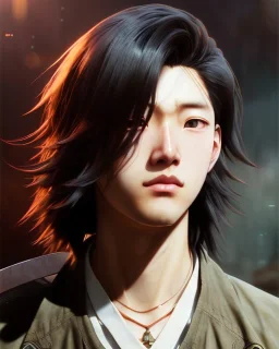 Detailed sad male anime boy with long brown hair, intricate details, full body portrait, keep head in frame, slight, black Japanese motif, concept art, highly detailed, digital painting, concept art, sharp focus, illustration, art by Yoji Shinkawa, WLOP and greg rutkowski and alphonse mucha and artgerm and yanjun Chen and Junji ito and Makoto Shinkai, HDR, octane render