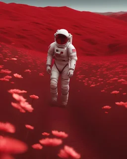 an astronaut walking through a field of red flowers, on a lush fertile alien planet, in a red dream world, lonely astronaut, astronaut walking, astronaut stranded on planet, on alien planet, standing on a martian landscape, celestial red flowers vibe, on another planet, beautiful aesthetic, on the surface of mars, 8 k very red colors, Photorealistic, vibrant red 8k, martian