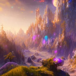 blue gold and violet landscape with multicolored crystals falling from the sky, full of details, smooth, bright sunshine，soft light atmosphere, light effect，colorful, concept art, smooth, extremely sharp detail, finely tuned detail, ultra high definition, 8 k, unreal engine 5, ultra sharp focus