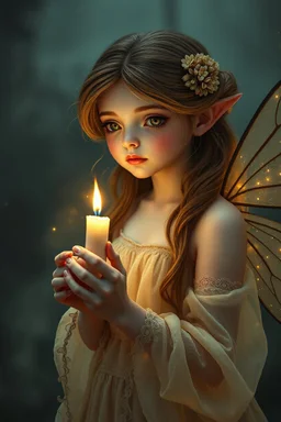 Extremely realistic photo of fairy ,holding a candle ,with big sparkling tiny lights winks, fog, general foul weather, (Rembrandt Lighting), zeiss lens, ultra realistic, (high detailed skin:1.2), 8k uhd, dslr, Dramatic Rim light, high quality, Fujifilm XT3, artwork in pale distressed tones , minimalistic approach, blends old world aesthetics art with elements of distressed painting and illustration, shadow play, high conceptuality, palette inspired by Charlene Mc Nally, Carne Grif